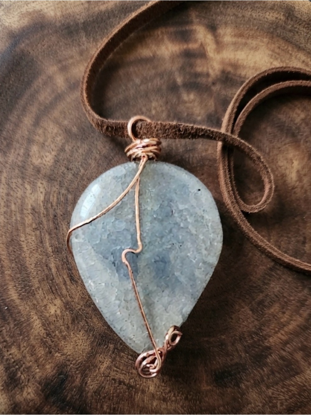 Blue Agate Teardrop Pendant Necklace - Copper Wire Wrapped